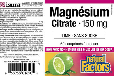 Natural Factors Magnesium Citrate 150 mg Tablets Key Lime Sugar Free 60 Count