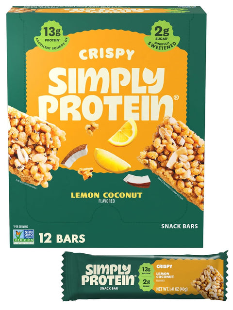 Simply Protein - Dark Chocolate Almond Crispy Bars - Plant Based Protein Bars - Low Carb, Low Sugar, High Fiber - 13g Protein, 2g Sugar, 7g Fiber - Vegan, Gluten Free, Non GMO, Kosher - 32 Bars