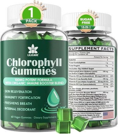 Sugar Chlorophyll Gummies - With Unfiltered Acv, Sea Moss & Elderberry, Echinacea, Vitamin D3, C, E, B12 - Natural Deodorant, Breathe Fresh, Immune & Digestion Support, Vegan Delicious Chews 60Ct