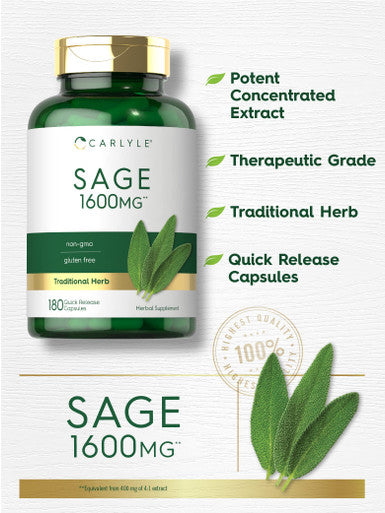 Sage Supplement 1600Mg | 180 Capsules | High Potency | Non-Gmo, Gluten Free | By Carlyle