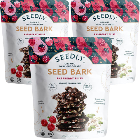 SEEDLY Organic 70% Dark Chocolate Snacking Bark with 20g Protein 50% less sugar Raspberry Bliss Keto Vegan Snacks Gluten Low Carb Paleo NonGMO SteviaFree No Weird Additives 3.6oz (Pack of 3)