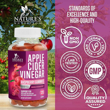 Nature'S Nutrition Vegan Apple Cider Vinegar Gummies 1000mg for Detox & Cleanse ACV Gummy Vitamin B12 for Digestion Metabolism & Immune Health Support Natural Apple Raspberry Flavor Gluten - 120 Gummies