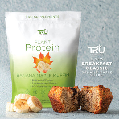 TRU Supplements Plant Based Protein Powder BCAA EAA 20g Vegan Brown Rice & Pea Protein 100 Calories 27 Vitamins No Artificial Flavors 25 Servings (Banana Maple Muffin)