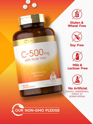 Carlyle Vitamin C with Rose Hips | 500mg | 300 Tablets | Vegetarian, Non-GMO, and Gluten Free Supplement | High Potency Formula