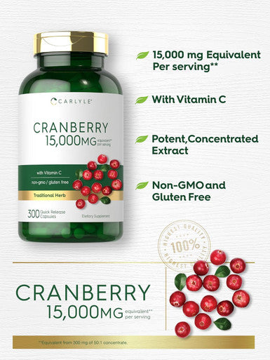 Carlyle Cranberry Pills 15000mg | 300 Capsules | with Vitamin C | Non-GMO Gluten