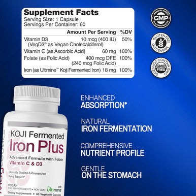 Koji Fermented Iron Plus - Iron Supplement With Vitamin C, Vitamin D3 And Folate For Blood Support, Easily Absorbed And Bioavailable, Stomach Friendly, Vegan, Non-Gmo - 60 Capsules
