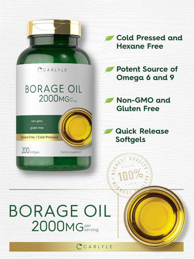 Carlyle Borage Oil Capsules | 2000mg | 200 Softgels | 320mg of GLA | Cold Pressed Seed Oil Supplement | Hexane | Non-GMO & Gluten