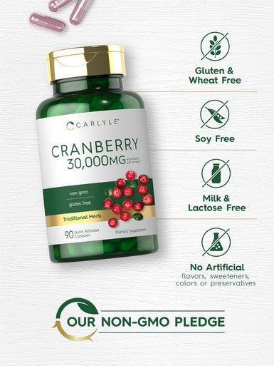 Carlyle Cranberry Supplement | 30000mg | 90 Capsules | Non-GMO and Gluten Formula | Cranberry Pills from Concentrate Extract