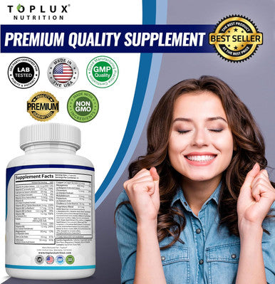Toplux Brain Supplement Nootropic Brain Pills Vitamin With Dmae, Bacopa Monnieri, L-Gutamine, For Men Women, 60 Capsules, Nutrition