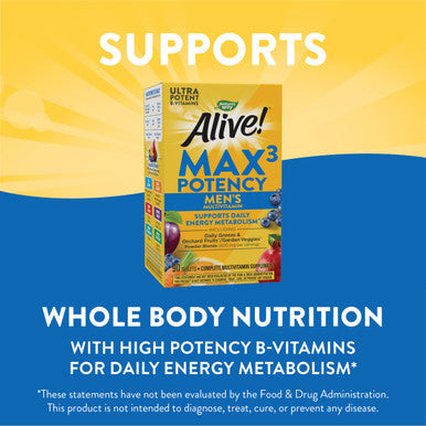 Nature'S Way Alive! Men S Max3 Potency Multivitamin, Supports Whole Body Wellness*, Supports Cellular Energy*, B-Vitamins, Gluten-Free, 90 Tablets