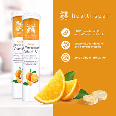 Healthspan Orange Effervescent Vitamin C 1,000mg (40 Tablets) | Supports Immune & Nervous Systems | Maintain Good Energy Levels | Zero-Sodium to Help Maintain Normal Blood Pressure | Vegan