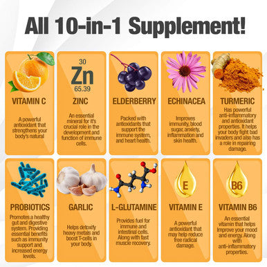 10 In 1 Immune Support Supplement (No Fillers) Vitamin C, Zinc, Elderberry, Echinacea, Turmeric, Probiotics Immunity Booster For Multi-System Immune Defense, Respiratory & Gut Health 60 Day Supply