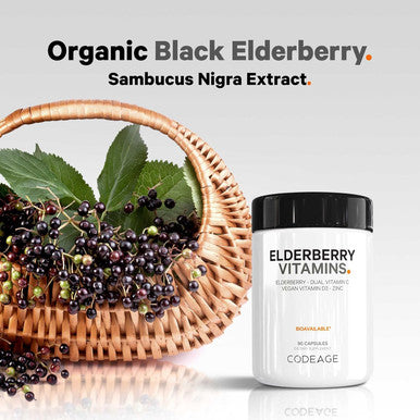 Codeage Elderberry Vitamins - Organic Fermented Elderberry Blend Vitamin C from Ascorbic Acid & Organic Acerola Cherries Vitamin D3 Zinc Elderberry Fruit Pills Sambucus Berries - 90 Capsules