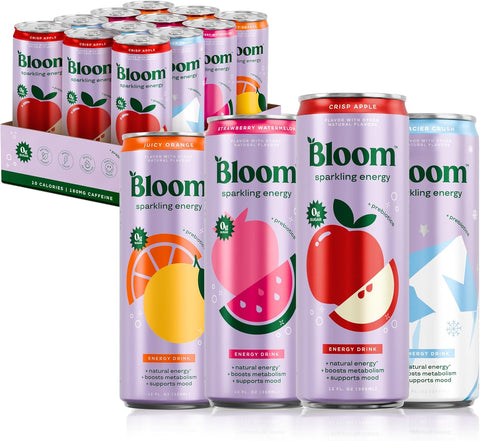 Bloom Nutrition Sparkling Energy Drink Minis, Raspberry Lemon & Strawberry Watermelon, 7.5oz 12 Pack