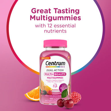 Centrum Multigummies Multi+ Beauty Dual Action Multivitamin Specially Designed With Biotin For Healthy Hair Skin And Nails Cherry/Berry/Orange Flavors - 100 Count