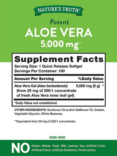 Aloe Vera Gel Capsules | 5000 mg 100 Softgels | Non-GMO, Gluten Supplement | By Nature's Truth