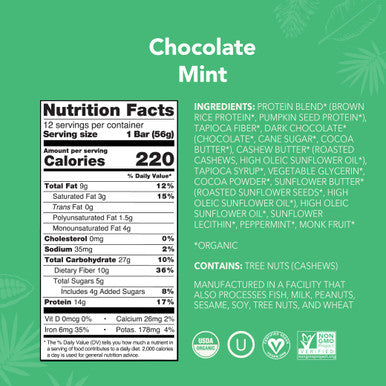 ALOHA Organic Plant Based Protein Bars Chocolate Mint 1.98 Oz (Pack of 12)