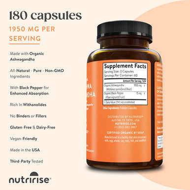 NutriRise Organic Ashwagandha Root with Black Pepper Capsules - 180ct - 1950mg, Natural Stress & Mood Relief, Sleep Aid & Thyroid Support Supplement; Ayurvedic Nootropic for Focus & Energy