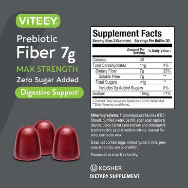 Prebiotic Fiber Gummies For Adults, 7G - Zero Sugar Added - Fiber Supplement Gummies For Digestive Health Regularity & Natural Weight Support - Vegan, Gelatin - Chewable Fruit Flavored Gummy