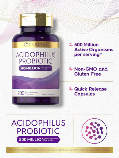 Carlyle Acidophilus Probiotic | 500 Million CFU | 200 Capsules Non-GMO & Gluten | Probiotic for Men & for Women
