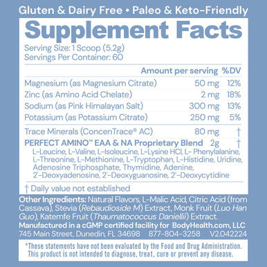 BodyHealth PerfectAmino Electrolytes Powder No Sugar Keto Sugar Free Fasting Electrolytes Drink Mix Hydration Powder with Trace Minerals - Watermelon - 60 Servings