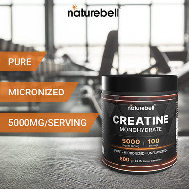 Naturebell Creatine Monohydrate Powder 500 Grams 5000mg Per Serving Pure Unflavored Creatine Powder Micronized Pre Workout Keto Vegan Dissolves Easy Filler 100 Servings 1.1Lb