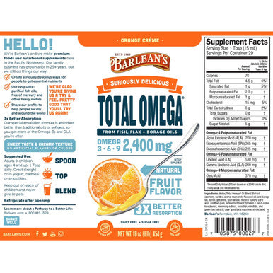 Barleans Total Omega Orange Creme Fish Oil Supplements with Flaxseed Oil and Borage Oil 2400mg of Omega 3 6 9 EPA/DHA AllNatural Fruit Flavor NonGMO Gluten Free 16 Ounce
