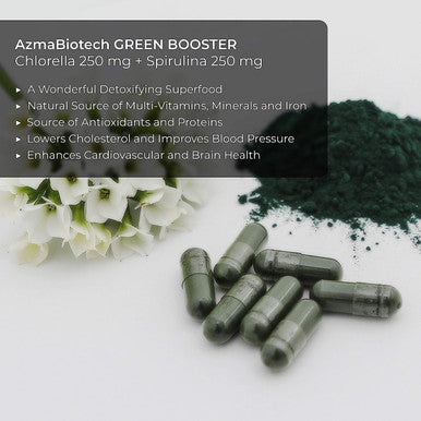 AzmaBiotech Green Booster Synbiotic | Chlorella 250 mg + Spirulina 250 mg | 60 Vegan Capsules | Broken Cell Wall