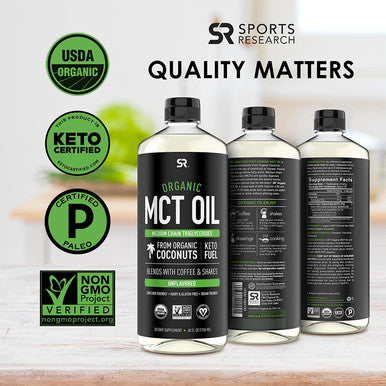 Sports Research Keto MCT Oil from Organic Coconuts Fatty Acid Fuel for Body Brain Dual Ingredient C8 and C10 MCTs Perfect in Coffee Tea More NonGMO Vegan Unflavored 40 Oz