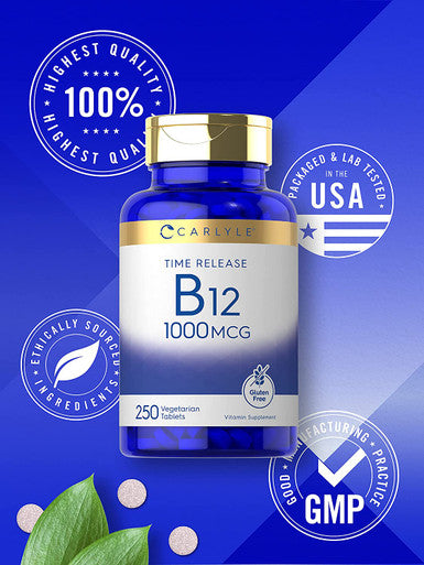 Carlyle Vitamin B12 1000 mcg | 250 Count | Time Release Tablets | Vegetarian, Non-GMO, and Gluten Free Supplement
