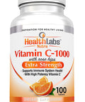 Health Labs Nutra Extra-Strength Vitamin C 1,000mg with Rose Hips Promotes Optimal Immune Health (100 Fast-Acting Non-Chewable Tablets)