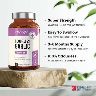 Vitabright Odourless Garlic Capsules High Strength 30000mg 180 Garlic Oil Capsules (Daily Dose 2 Garlic Tablets for Adults) VitaBright Garlic Supplement High Allicin Pearls - Odorless Garlic Capsules
