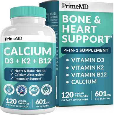 Primemd 4-In-1 Calcium Supplements For Women & Men - Calcium 600Mg With Vitamin D3 K2 B12 5000 Iu Supplement For Heart, Bone & Body Defenses - Gluten-Free, Non-Gmo, Vegan Friendly (120 Count)