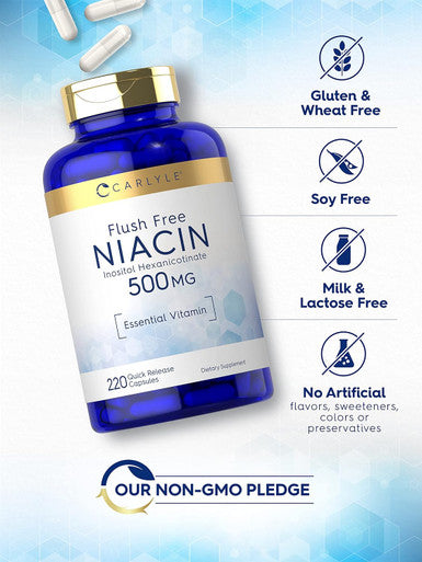 Carlyle Niacin Flush 500mg | 220 Capsules | Non-GMO and Gluten Essential Vitamin