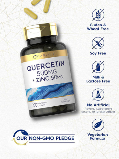 Carlyle Quercetin 500mg Capsules | with 50mg Zinc | 100 Count | Non-GMO and Gluten Supplement