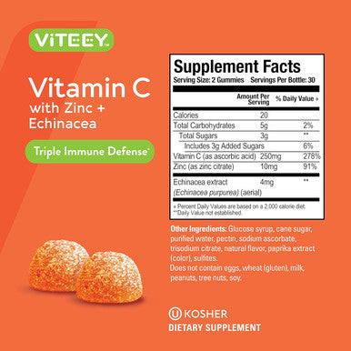 Vitamin C Gummies For Adults & Teens With Zinc & Echinacea - Immune Support Gummies - Immune Booster - Vegan, Gelatin Free, Gluten Free, Gmo - Tasty Vitamin C Chewable Orange Flavored Gummy