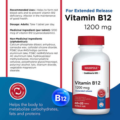 Wampole Vitamin B12 1200 mcg Extended Release for Day Long Metabolism Energy Boost 60+20 Tablets Bonus Size