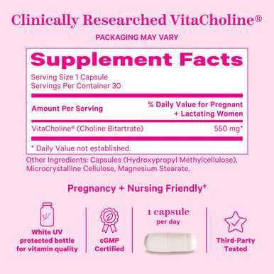 Pink Stork Choline - 550 mg Choline Bitartrate from VitaCholine for Pregnant + Postpartum Moms - Prenatal Vitamin for Fetal Cognitive Health + Breast Milk Quality - 1 Capsule Daily 30 Count