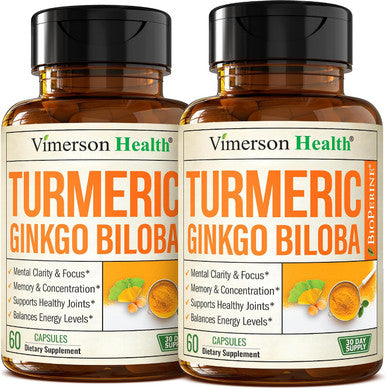 Ginko Biloba Capsules with Ginkgo Biloba 120mg & Organic Turmeric for Joint Support Focus and Brain Health Gingo Biloba Supplement with Black Pepper (Bioperine) for Max Absorption 60 Count