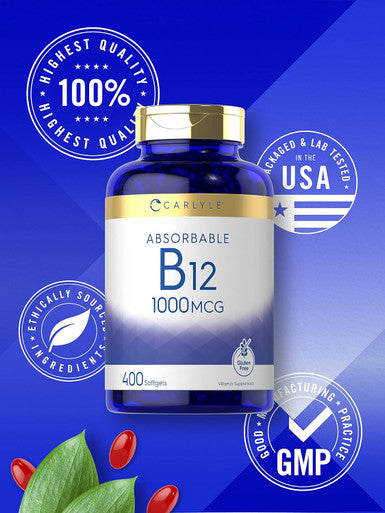 Carlyle Vitamin B12 Absorbable 1000mcg | 400 Softgels | Non-GMO and Gluten Supplement