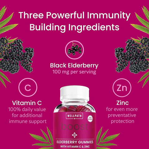 Wellpath Boost Elderberry Gummies With Zinc & Vitamin C Immune Support Supplement For Adults Immunity Booster Vitamins Sambucol Black Gummy Non-Gmo & Vegan 60 Ct