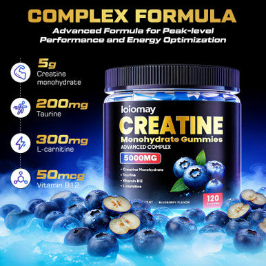 Loiomay Creatine Gummies For Men & Women 5-In-1 Complex With Taurine L-Carnitine Vitamin B12 & B6 Support Muscle Recovery 5G Creatine Monohydrate Gummies Post & Pre Workout Supplements 120 Count