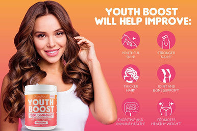 Skinny Boost - Youth Boost Advanced Multi-Collagen Powder - 5 Types of Hydrolyzed Collagen Peptides for Hair, Skin, Nails & Joints. Fast Dissolving, Grass Fed, Keto Friendly - Unflavored(58 Servings)