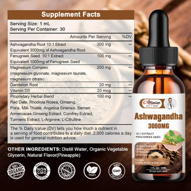 Alliwise 2 Pack Ashwagandha Supplement Liquid Drops 3000Mg With Vitamind3,Fenugreek Seeds,Magnesium For Men &Women. Ashwagandha Root Extract Supplement For Immune Support.