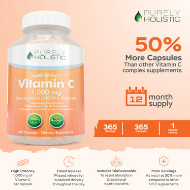 Purely Holistic Vitamin C 1000Mg + Organic Elderberry Syrup Bundle - 365 Vegan Capsules + 16 Fl Oz - With Rosehip, Acerola Cherry, Propolis Ecea & More - Made In Usa