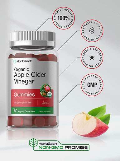 Organic Apple Cider Vinegar Gummies | 60 Gummies | Vegan, Non-GMO & Gluten-Free Supplement | USDA Certified Organic ACV | Apple Flavor | by Horbaach