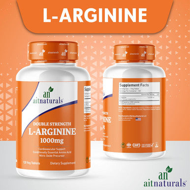Aitnaturals Double Strength L-Arginine 1000mg (120 Tablets) | Nitric Oxide Precursor Amino Acid | Supports Cardiovascular Health Blood Circulation Muscle Growth Energy & Workout Recovery | Non-GMO