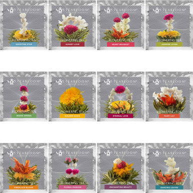 Teabloom Flowering Tea - 12 Unique Varieties of Blooming Tea Flowers - Hand-Tied Green Tea Leaves & Edible Flowers - 12-Pack Canister