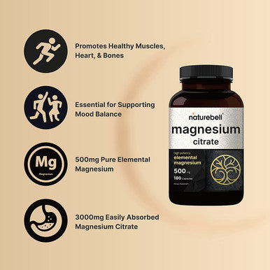 Pack of 2 Elemental Magnesium 500mg Per Serving as Magnesium Citrate 180 Capsules Each Powerfully Supports Energy Metabolism Muscles Heart Bone Health NonGMO and Made in USA