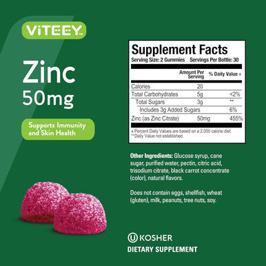 Zinc Gummies Adult & Teens - 50Mg - Immune Health Support & Antioxidant Support - Vitamin Zinc Supplement - Vegan, Gelatin Free, Gmo - Tasty Chewable Berry Flavored Gummy
